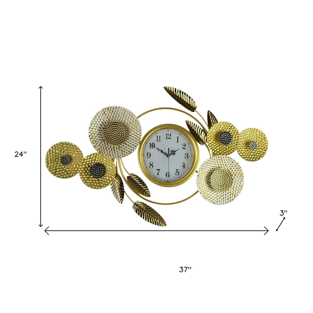 37" Gold Silver And White Metal Silent Analog Floral Novelty Wall Clock