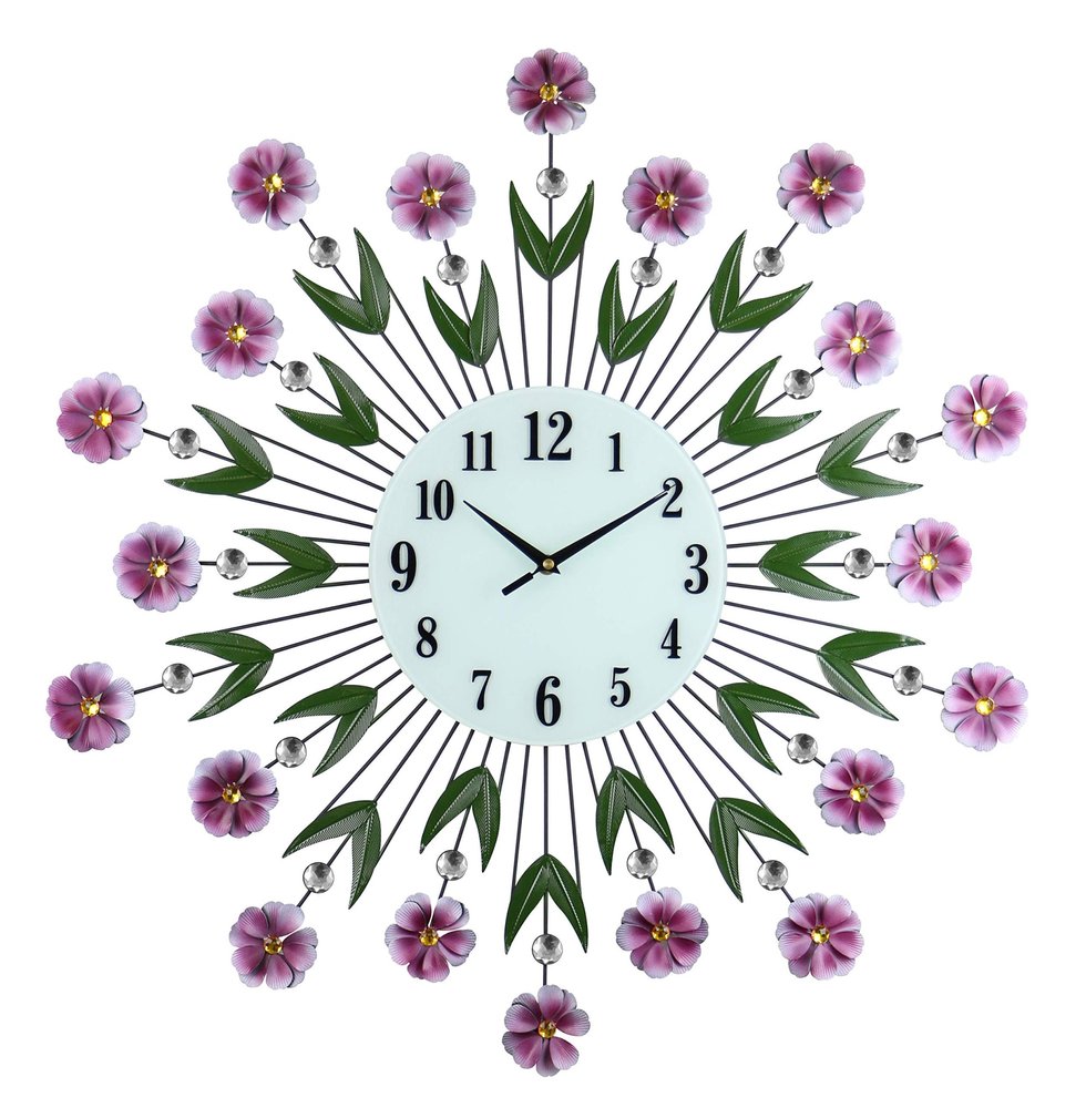 A round white analog wall clock with purple flowers, green leaves, and clear beads on a white background.