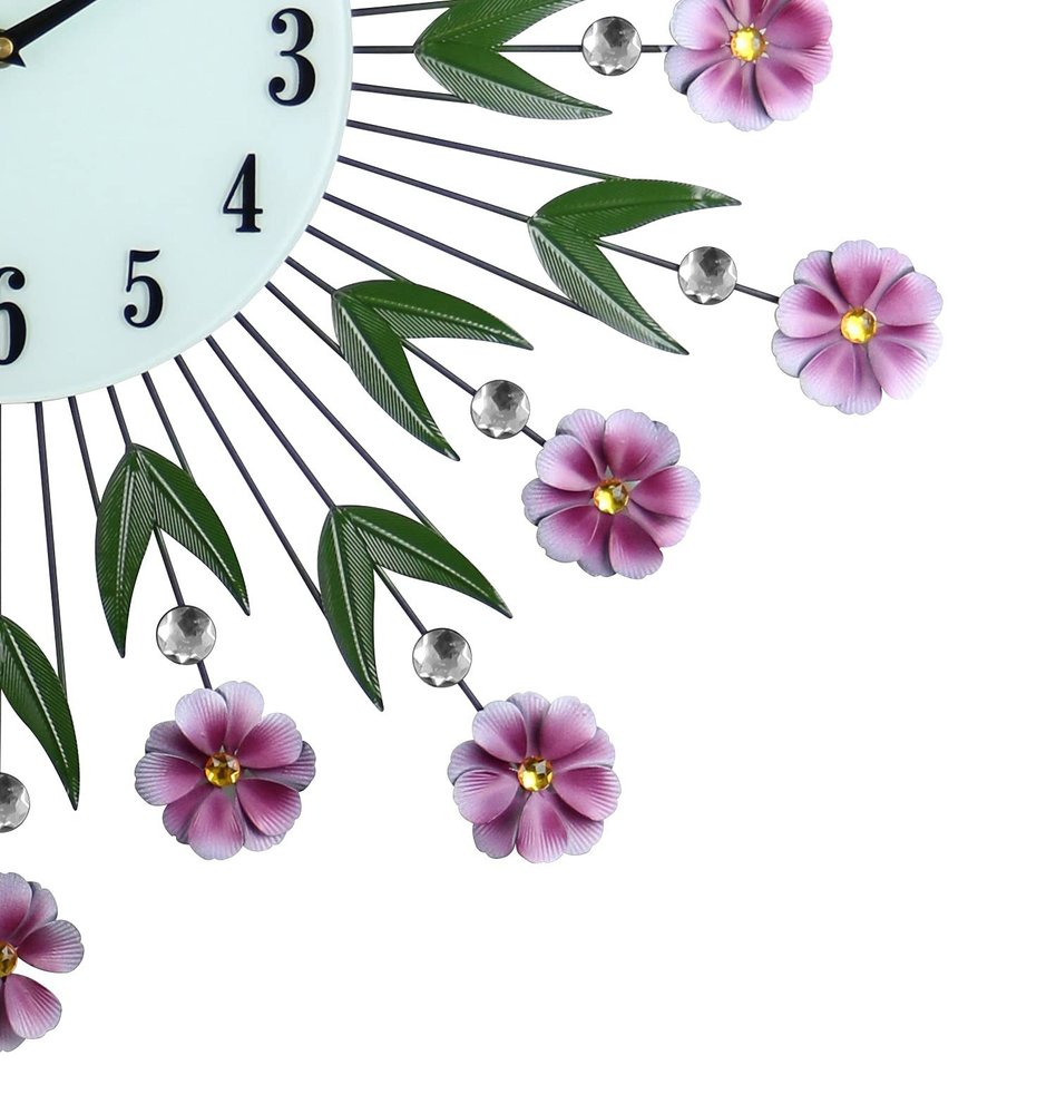 27" Purple Green And White Metal and Glass Silent Analog Floral Round Wall Clock. Wall clock isolated on a plain white background, showing a white glass surface.