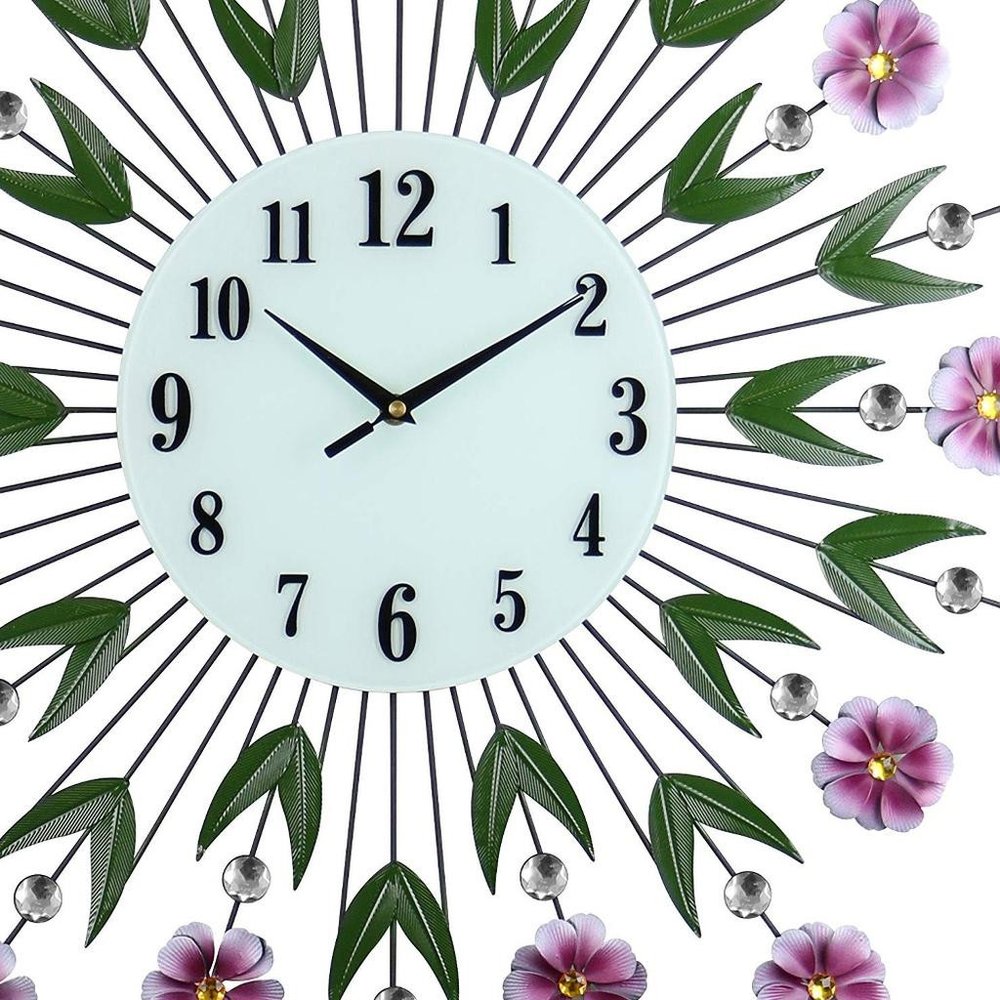 27" Purple Green And White Metal and Glass Silent Analog Floral Round Wall Clock. Wall clock isolated on a plain white background, in a white glass finish.