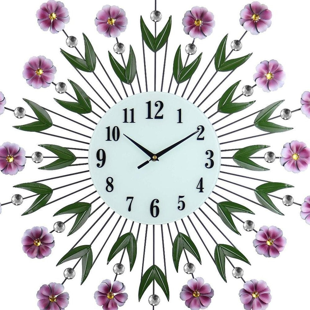27" Purple Green And White Metal and Glass Silent Analog Floral Round Wall Clock. Wall clock isolated on a plain white background, finished in white glass.