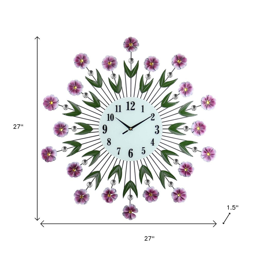 27" Purple Green And White Metal and Glass Silent Analog Floral Round Wall Clock. Wall clock isolated on a plain white background, in a white glass finish.