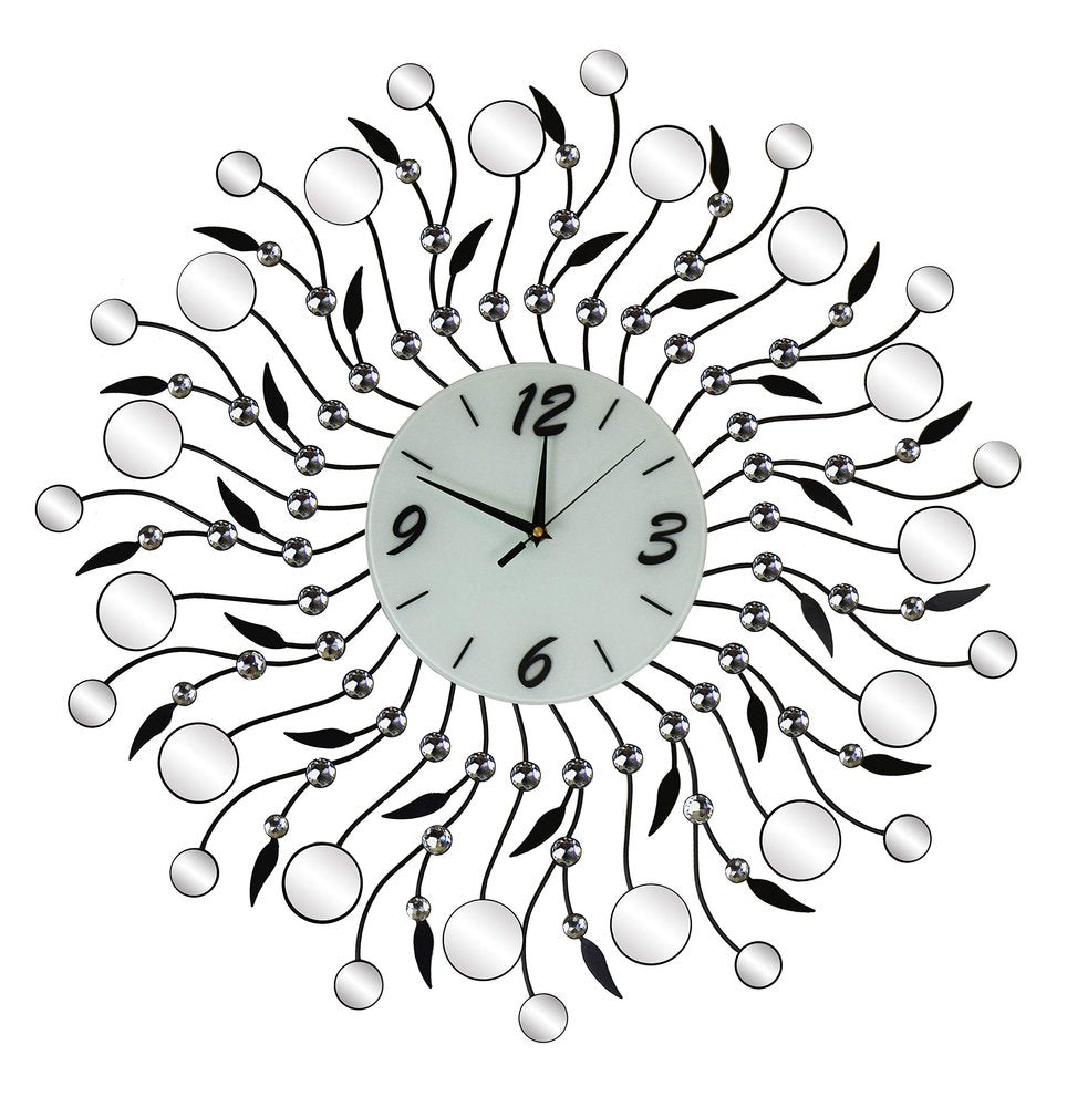 Silver and black metal wall clock with mirrored glass accents and a white analog face on a white background.