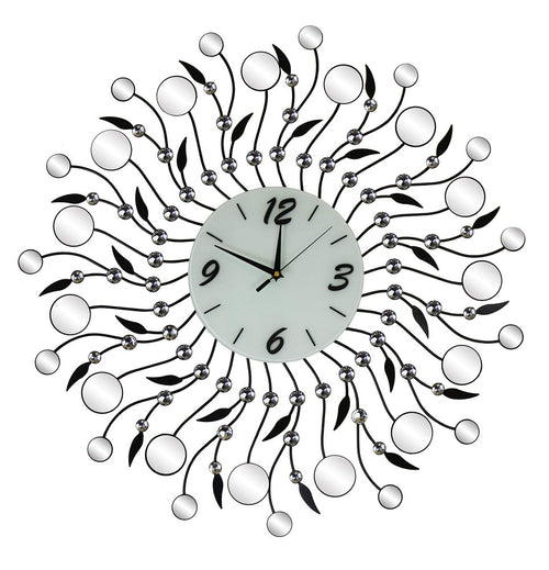 Silver and black metal wall clock with mirrored glass accents and a white analog face on a white background.