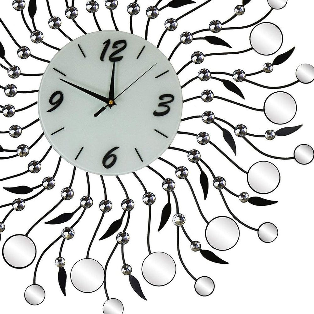 28" Silver Black And White Metal And Mirrored Glass Silent Analog Round Wall Clock