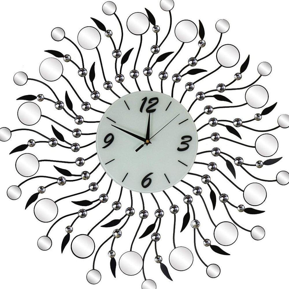 28" Silver Black And White Metal And Mirrored Glass Silent Analog Round Wall Clock