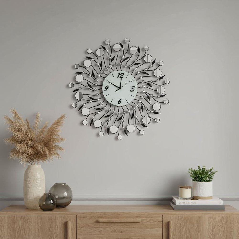 28" Silver Black And White Metal And Mirrored Glass Silent Analog Round Wall Clock