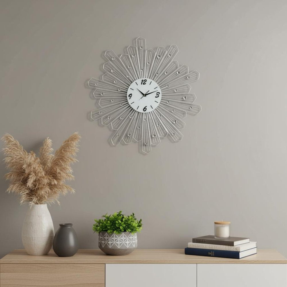 27" Silver And White Metal Silent Analog Novelty Wall Clock. Wall clock in silver metal.