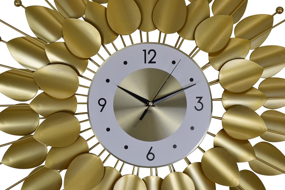28" Gold And White Metal Silent Analog Floral Sunburst Wall Clock