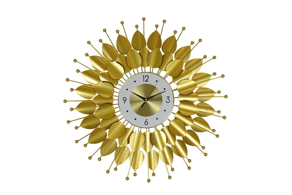 28" Gold And White Metal Silent Analog Floral Sunburst Wall Clock