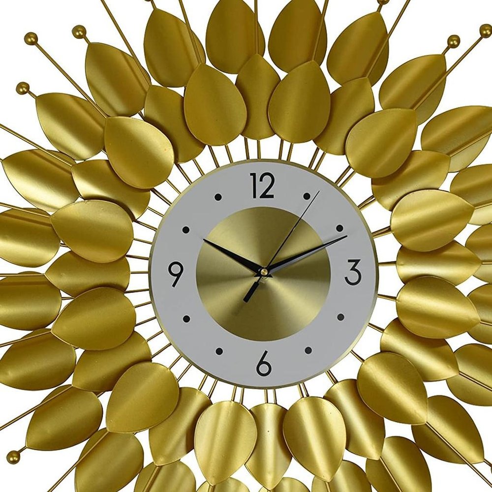 28" Gold And White Metal Silent Analog Floral Sunburst Wall Clock