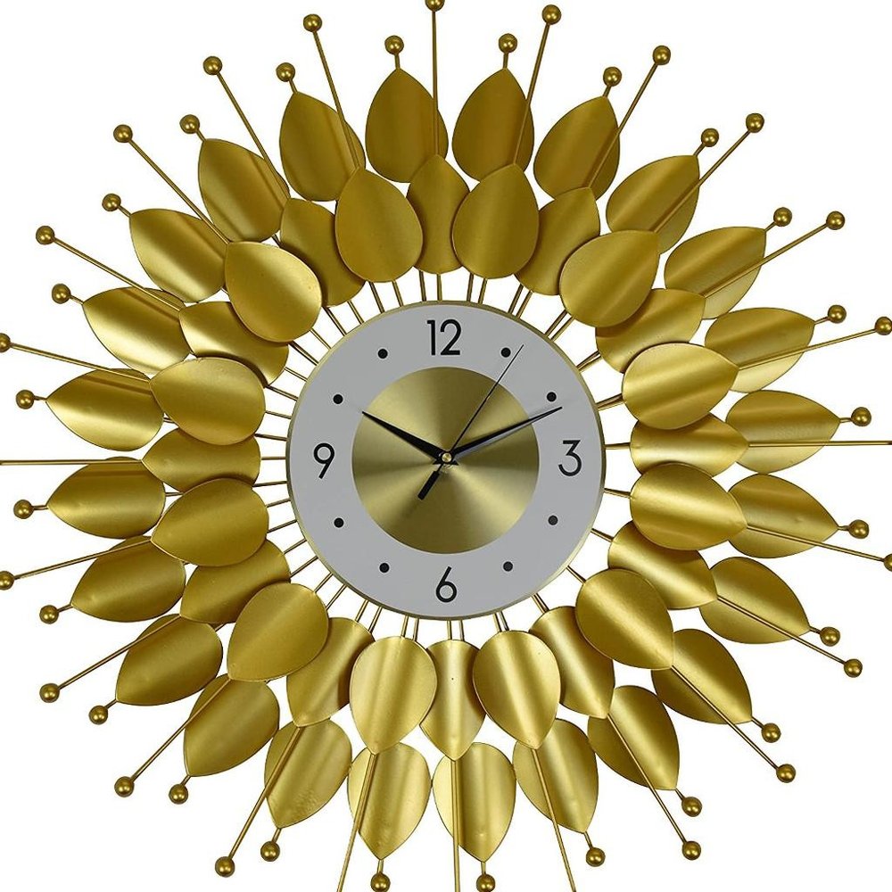 28" Gold And White Metal Silent Analog Floral Sunburst Wall Clock