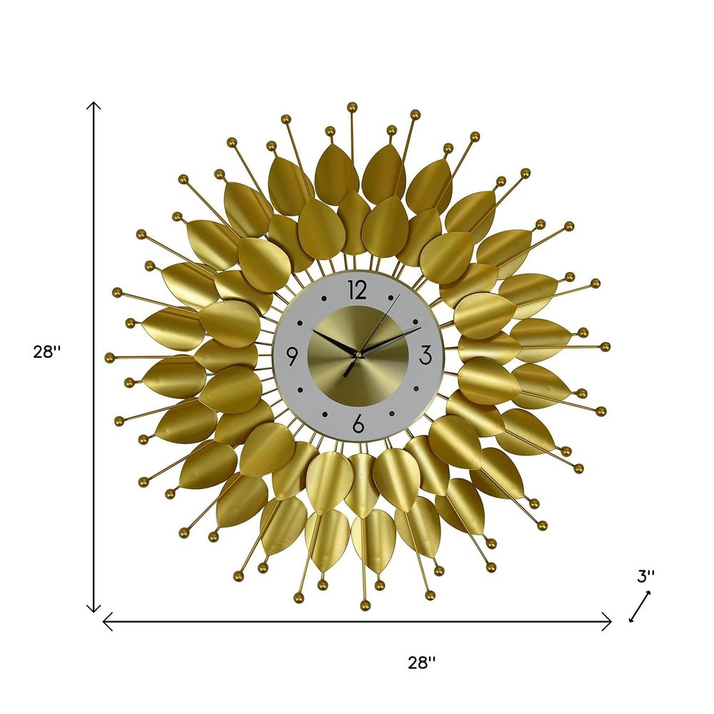 28" Gold And White Metal Silent Analog Floral Sunburst Wall Clock