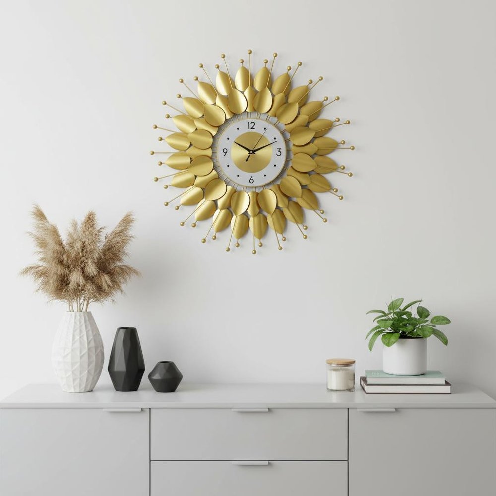 28" Gold And White Metal Silent Analog Floral Sunburst Wall Clock. Wall clock in gold metal.