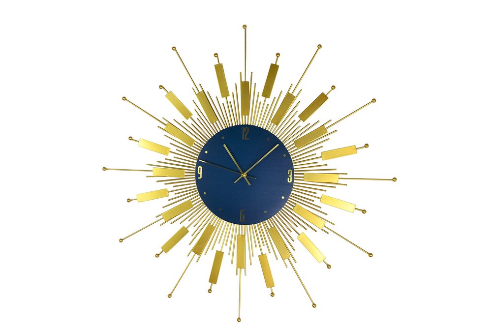 27" Gold And Blue Metal Silent Analog Sunburst Wall Clock