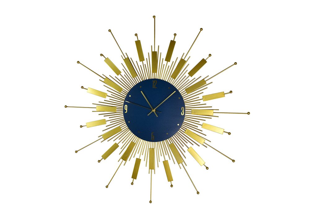 27" Gold And Blue Metal Silent Analog Sunburst Wall Clock