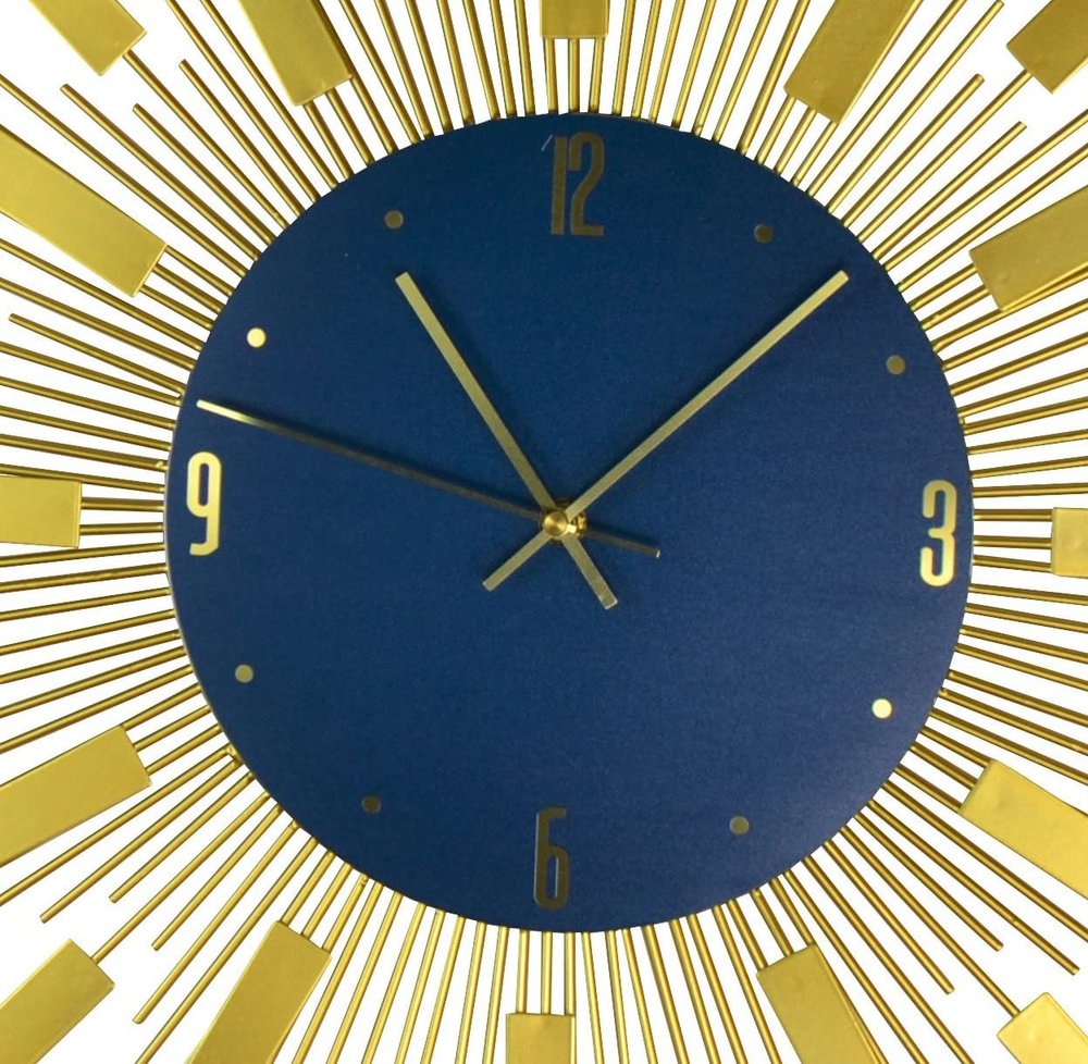 27" Gold And Blue Metal Silent Analog Sunburst Wall Clock