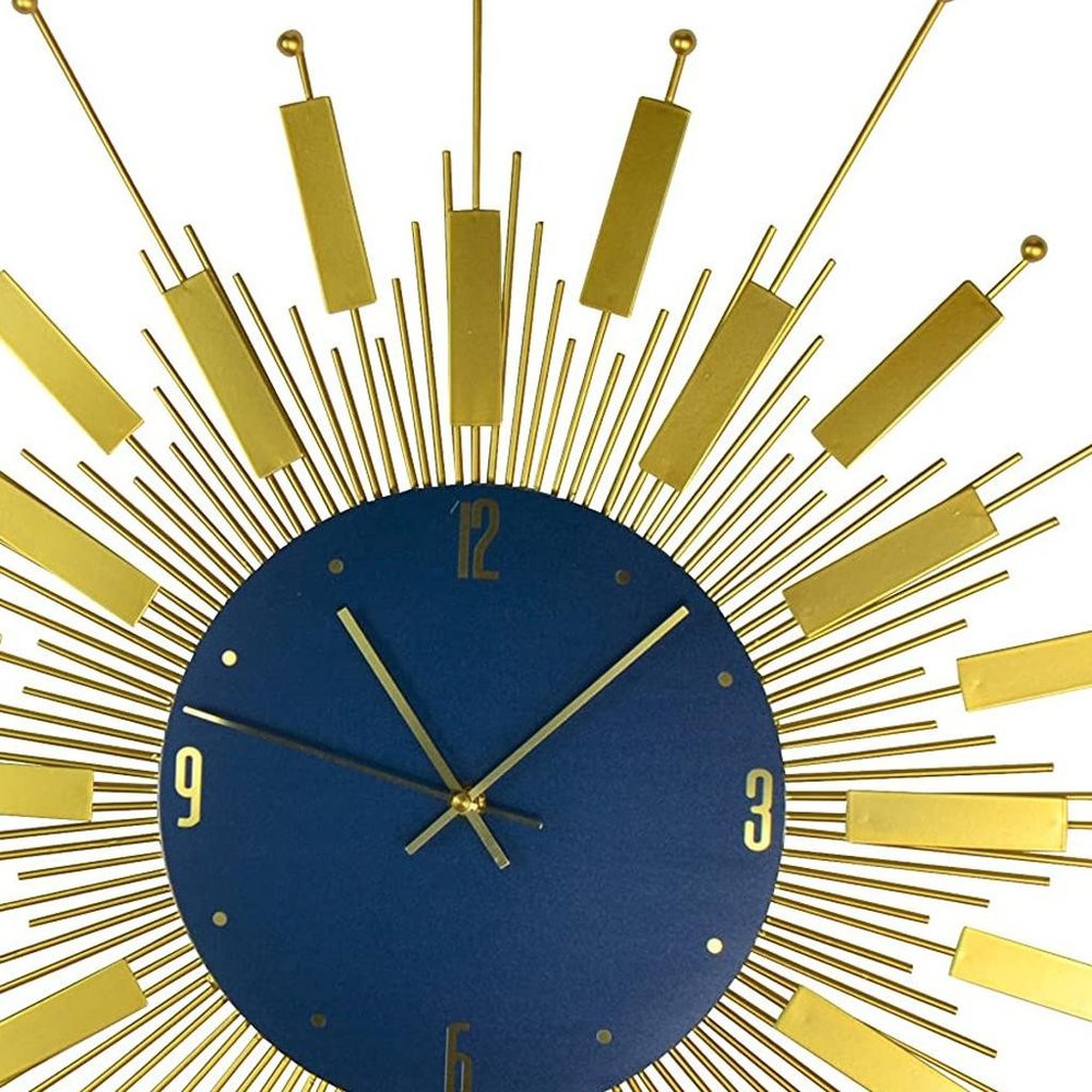 27" Gold And Blue Metal Silent Analog Sunburst Wall Clock