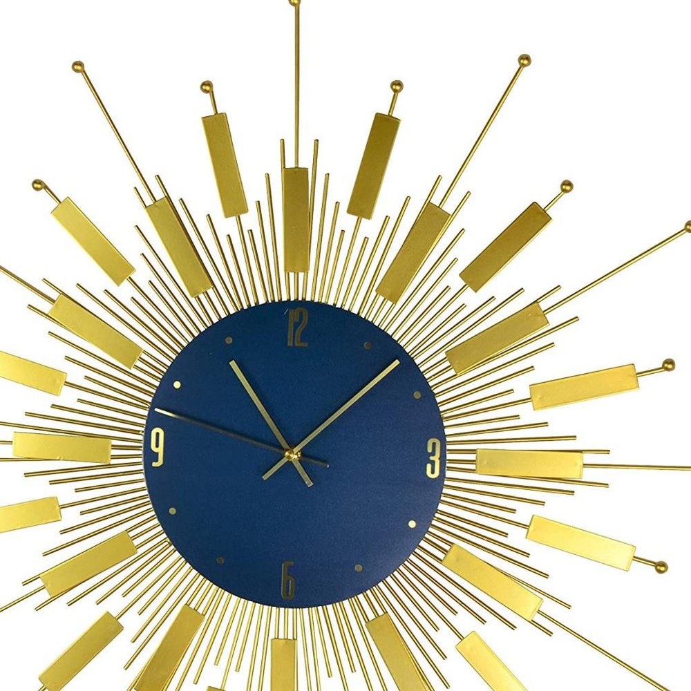 27" Gold And Blue Metal Silent Analog Sunburst Wall Clock