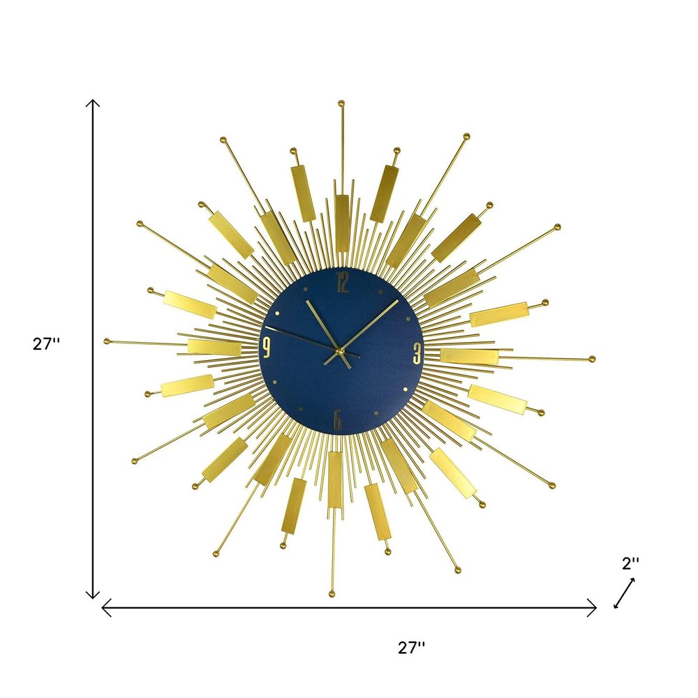 27" Gold And Blue Metal Silent Analog Sunburst Wall Clock