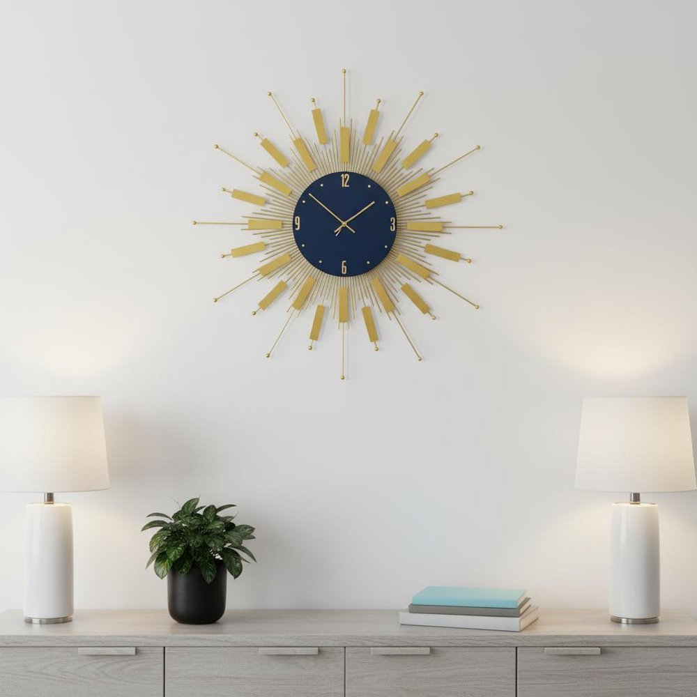 27" Gold And Blue Metal Silent Analog Sunburst Wall Clock