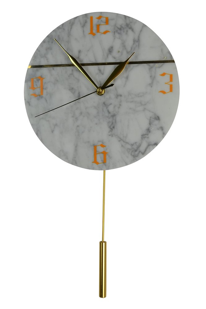 10" White And Gold Marble Silent Pendulum Marble Round Wall Clock