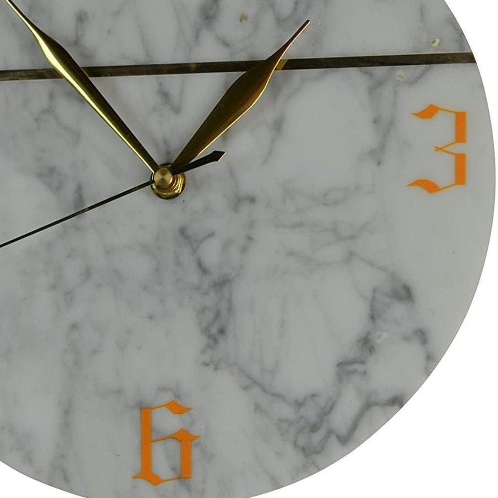 10" White And Gold Marble Silent Pendulum Marble Round Wall Clock