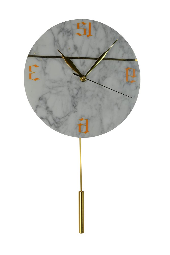 10" White And Gold Marble Silent Pendulum Marble Round Wall Clock