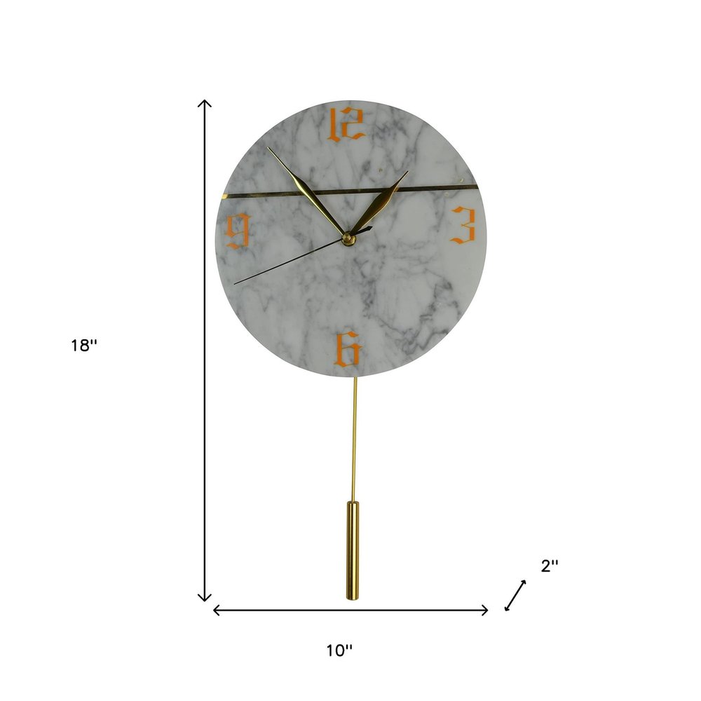 10" White And Gold Marble Silent Pendulum Marble Round Wall Clock