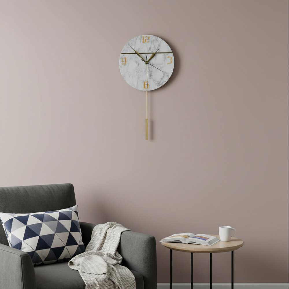 10" White And Gold Marble Silent Pendulum Marble Round Wall Clock