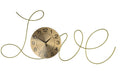 Gold metal wall clock shaped like the word "Love" with a white background.