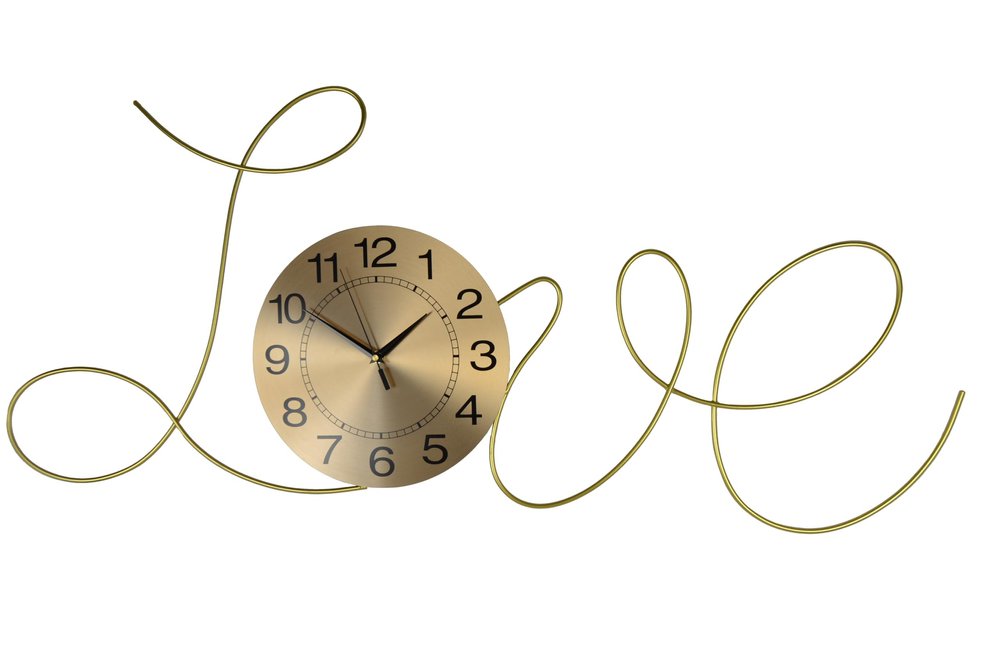 Gold metal wall clock shaped like the word "Love" with a white background.