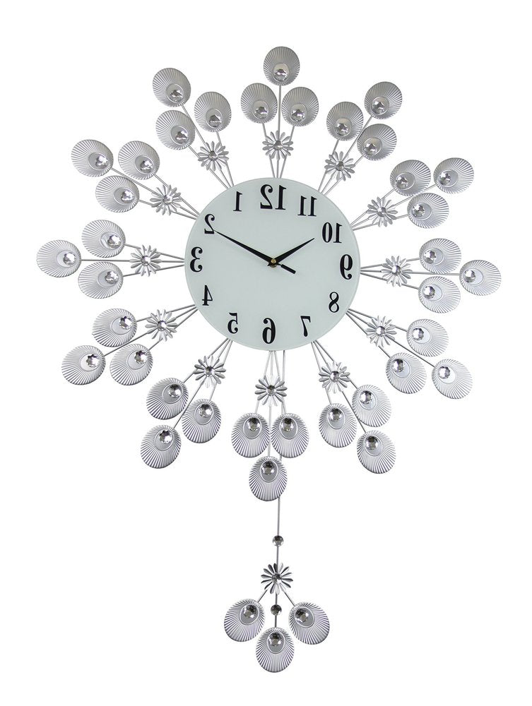 27" Silver And White Metal Silent Pendulum Starburst Wall Clock
