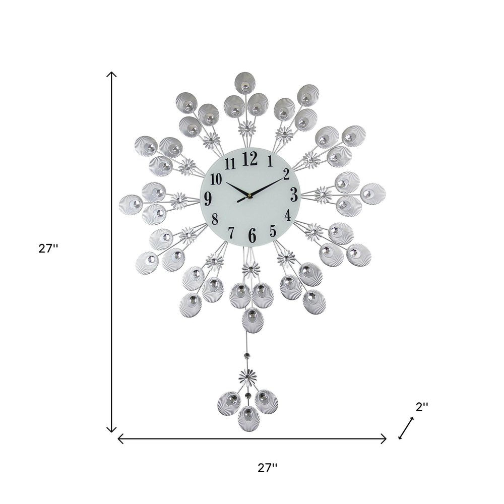27" Silver And White Metal Silent Pendulum Starburst Wall Clock
