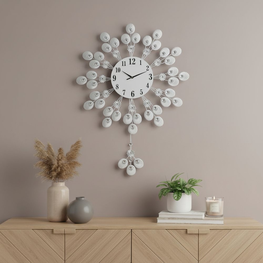 27" Silver And White Metal Silent Pendulum Starburst Wall Clock