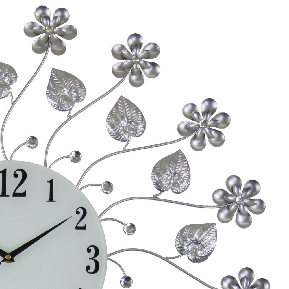 27" Silver White And Black Metal and Glass Silent Analog Floral Round Wall Clock. Wall clock isolated on a plain white background, finished in silver glass.