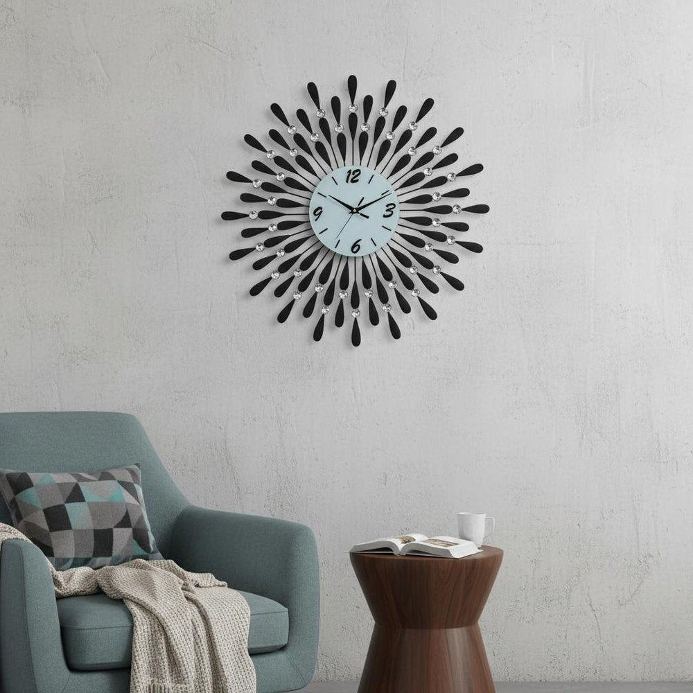 24" Black White And Silver Metal Silent Analog Starburst Wall Clock