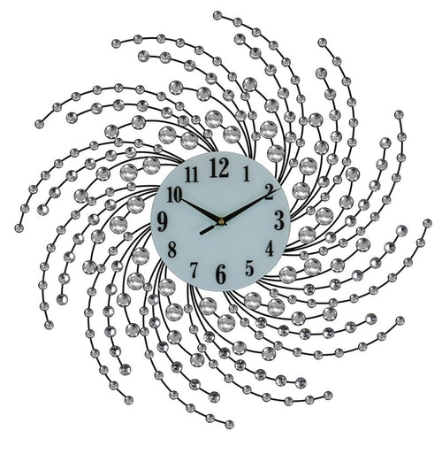 Silver and white metal wall clock with crystal accents and a white analog face on a white background.