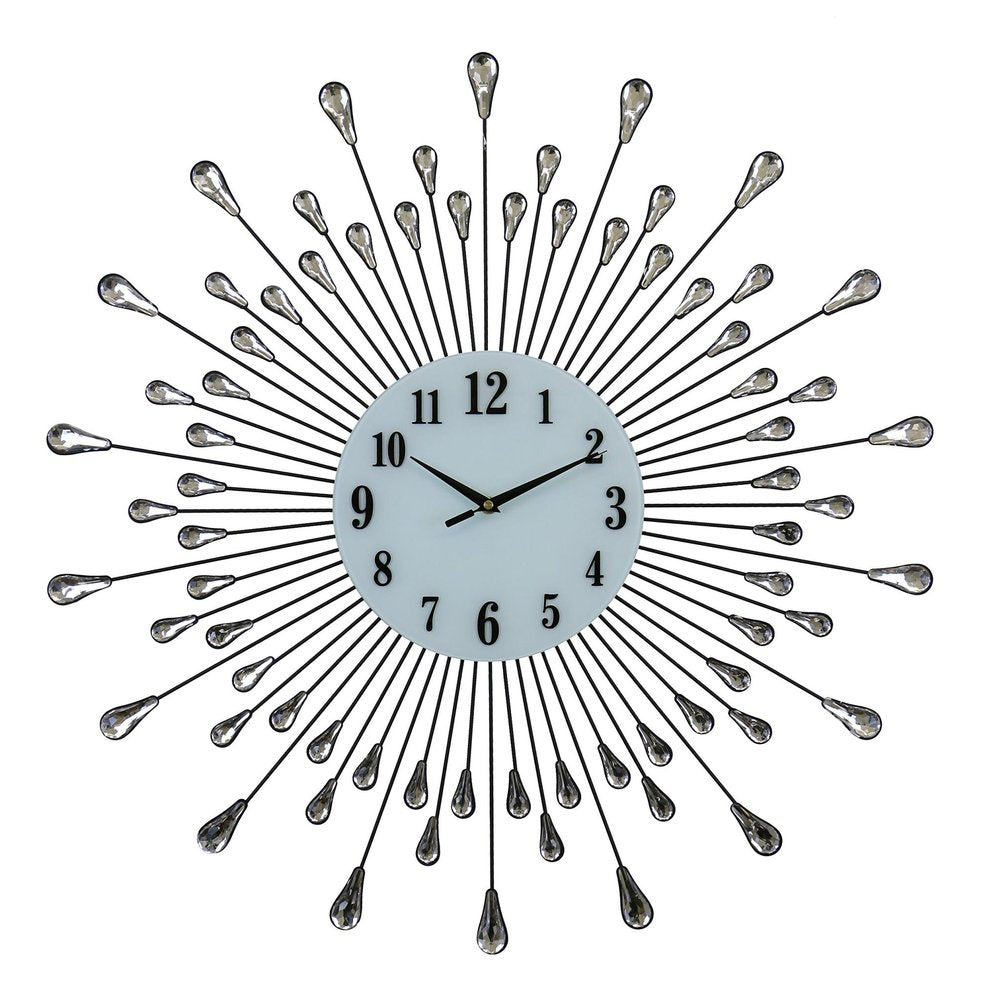 A 27-inch silver and white metal silent analog round wall clock with a sunburst design and crystal accents on a white background.