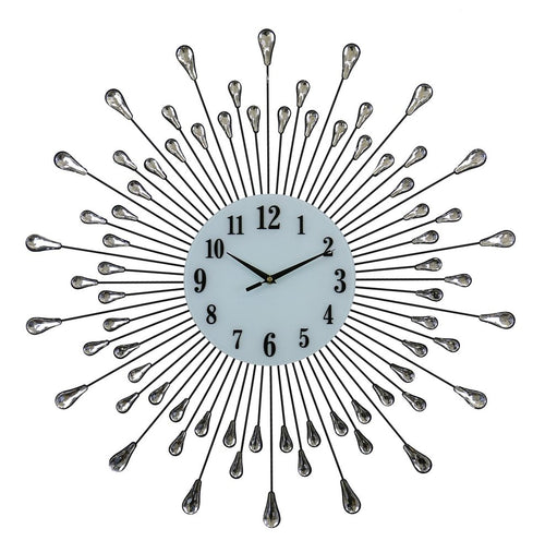 A 27-inch silver and white metal silent analog round wall clock with a sunburst design and crystal accents on a white background.
