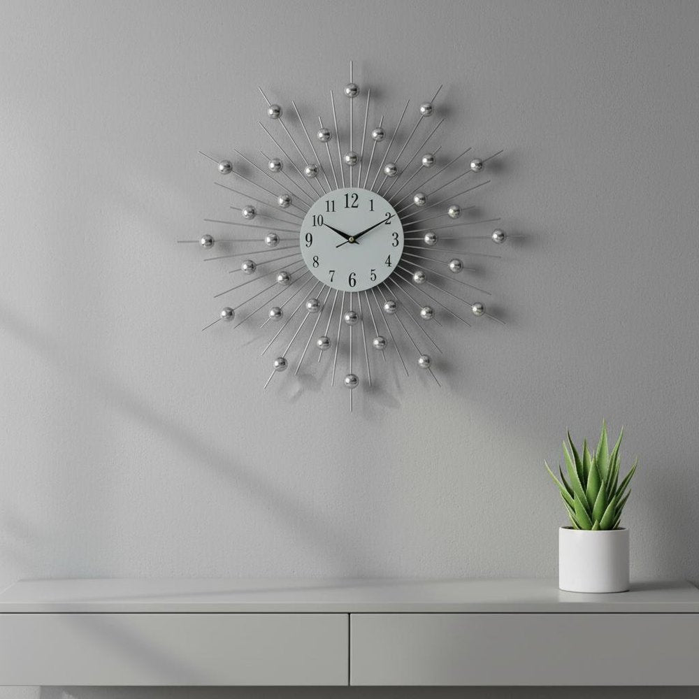 20" Black White And Clear Metal Silent Analog Sunburst Wall Clock