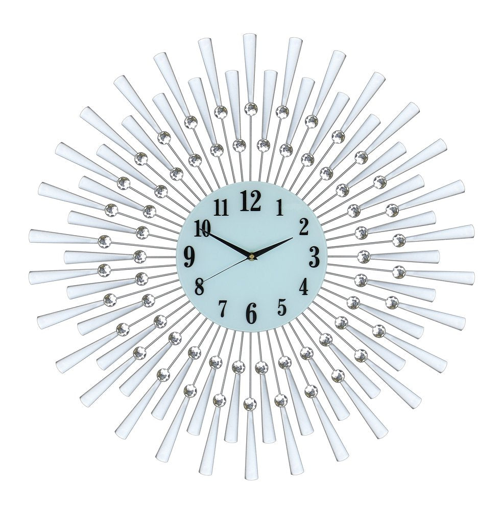 Silver and white metal sunburst wall clock with a light blue face and black numbers on a white background.