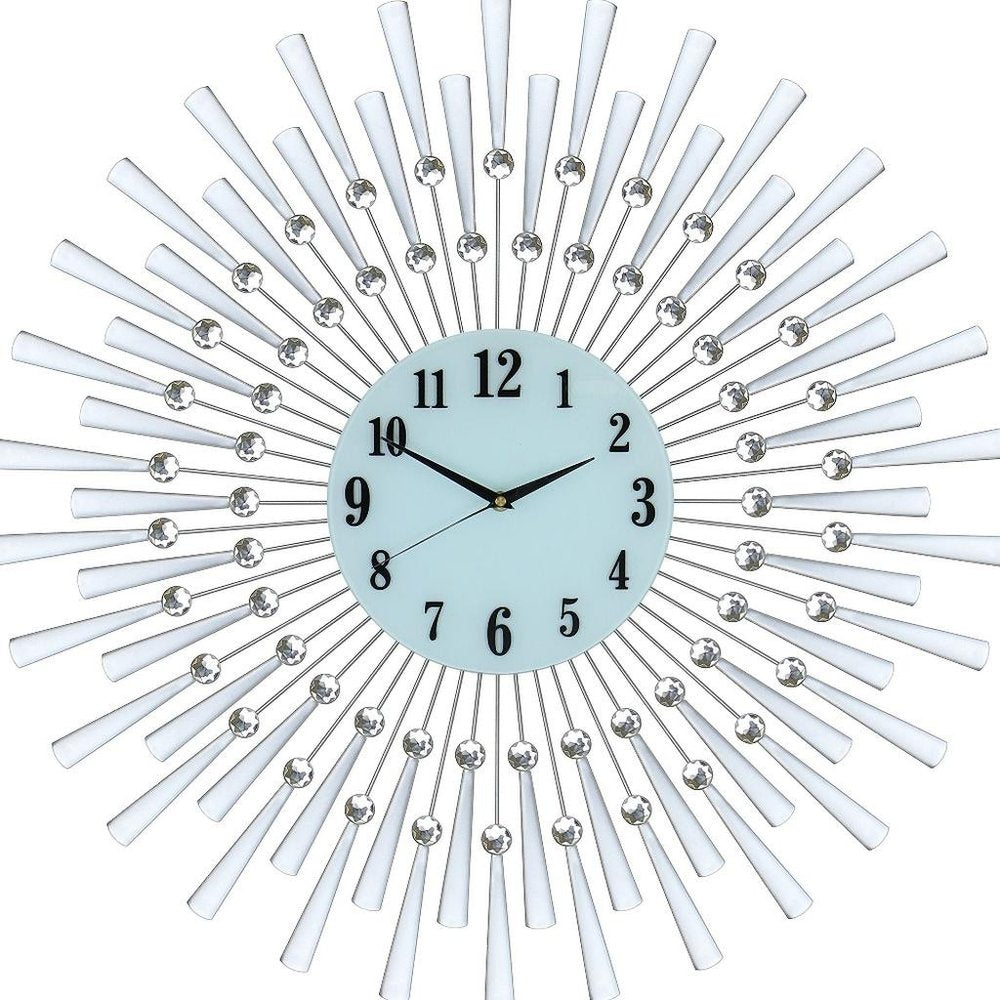28" Silver And White Metal Silent Analog Sunburst Wall Clock