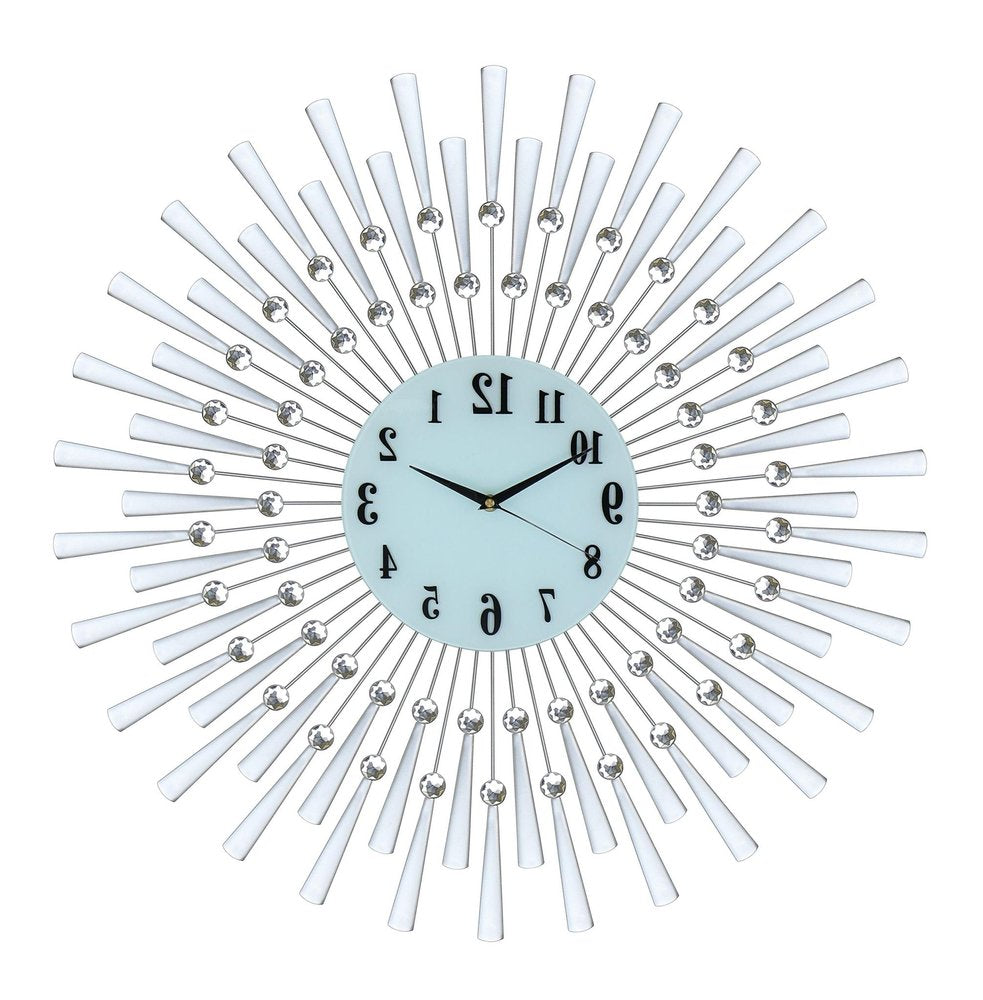 28" Silver And White Metal Silent Analog Sunburst Wall Clock