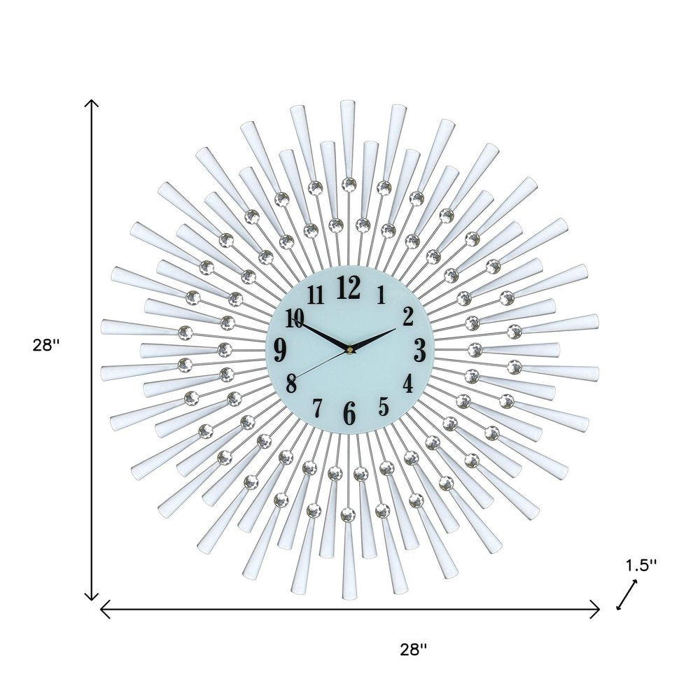 28" Silver And White Metal Silent Analog Sunburst Wall Clock