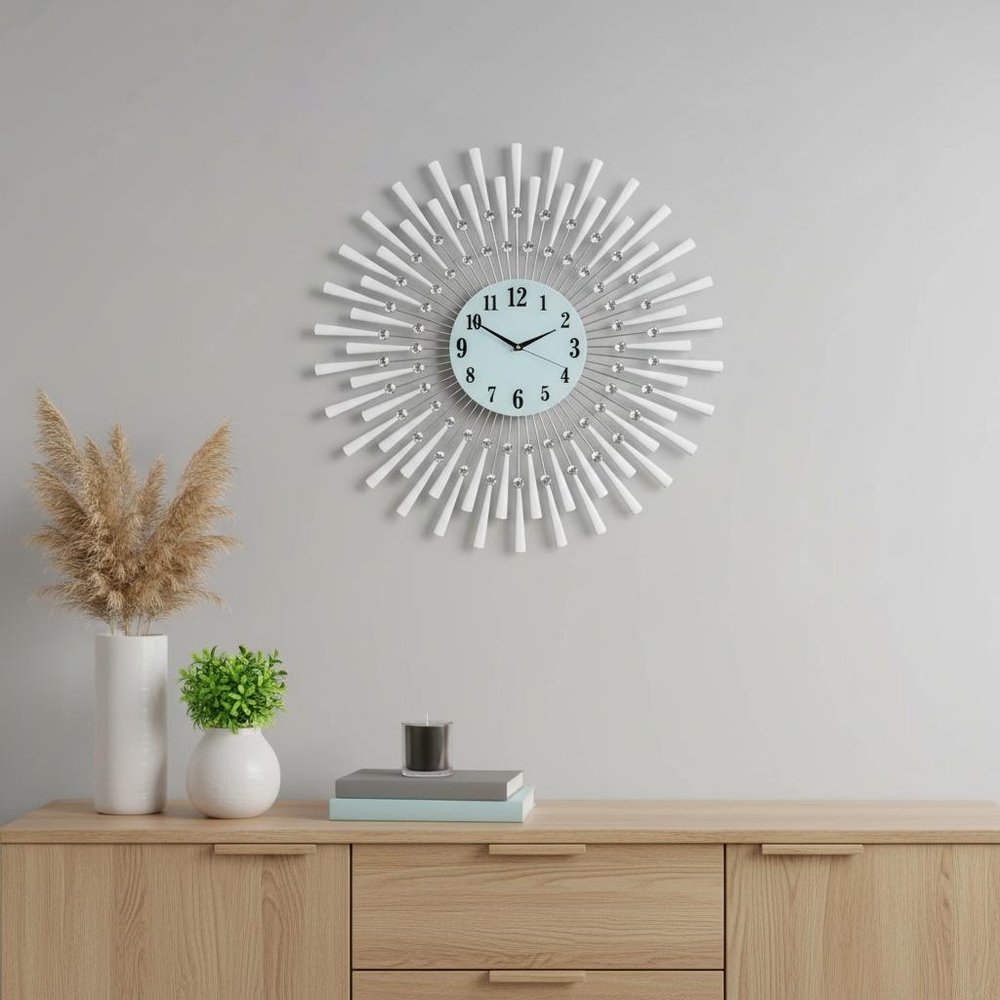 28" Silver And White Metal Silent Analog Sunburst Wall Clock