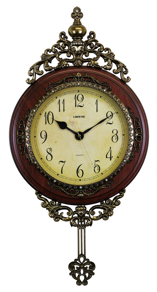 15" Brown And Gold Resin Silent Pendulum Ornate Oval Wall Clock