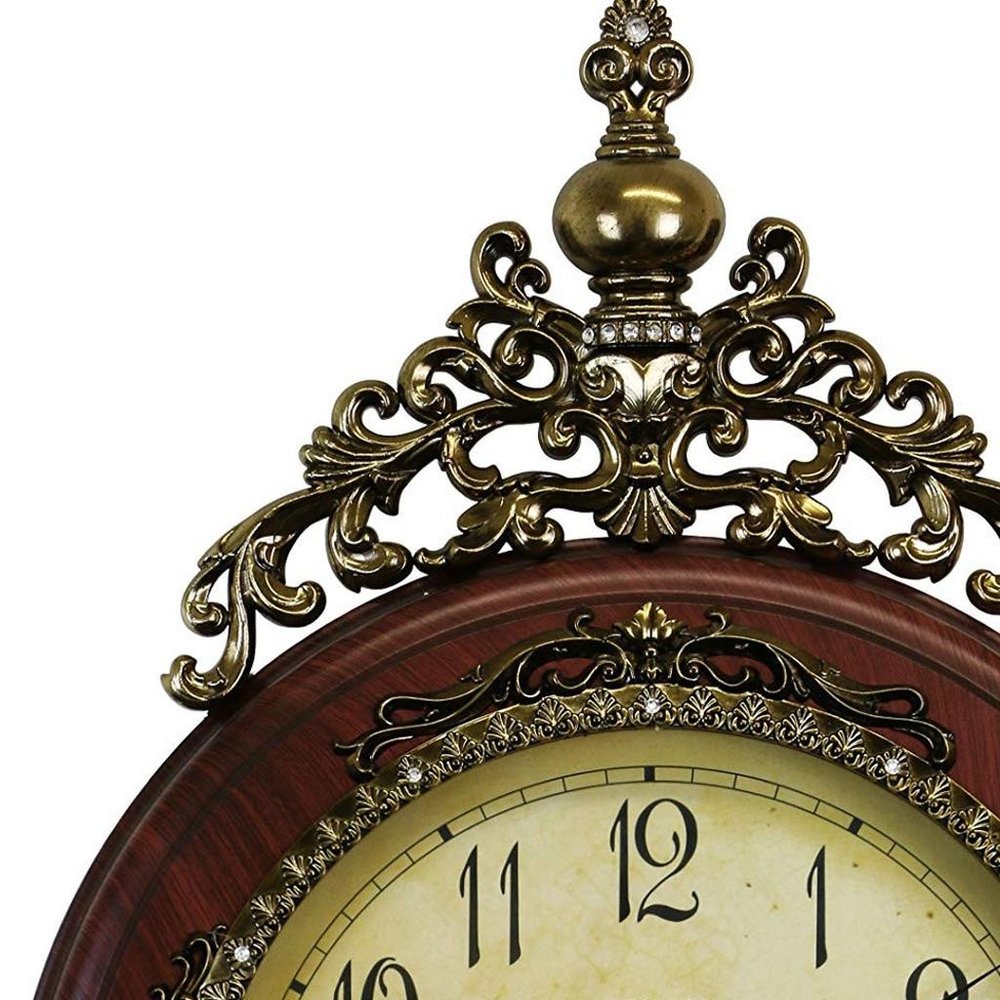 15" Brown And Gold Resin Silent Pendulum Ornate Oval Wall Clock