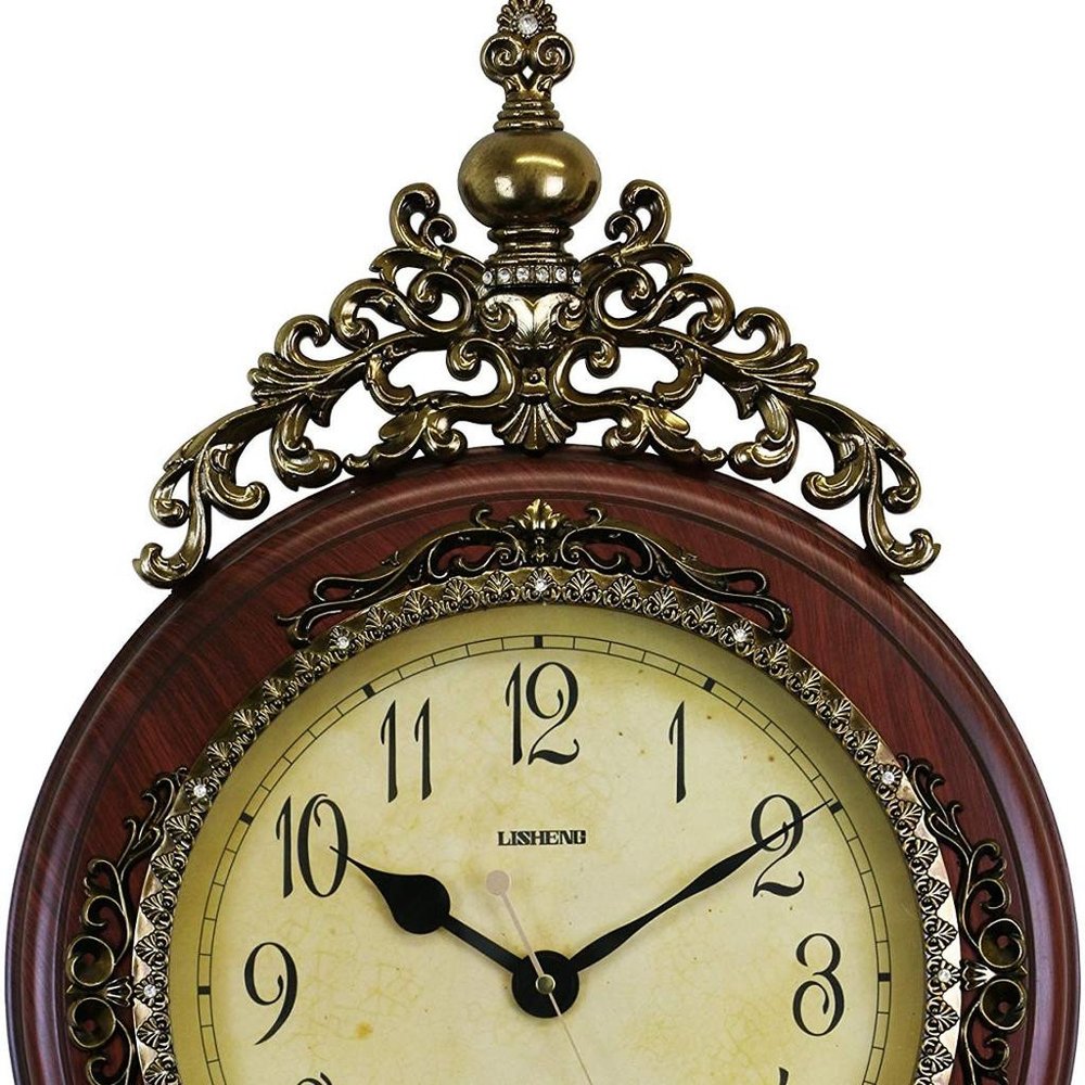 15" Brown And Gold Resin Silent Pendulum Ornate Oval Wall Clock