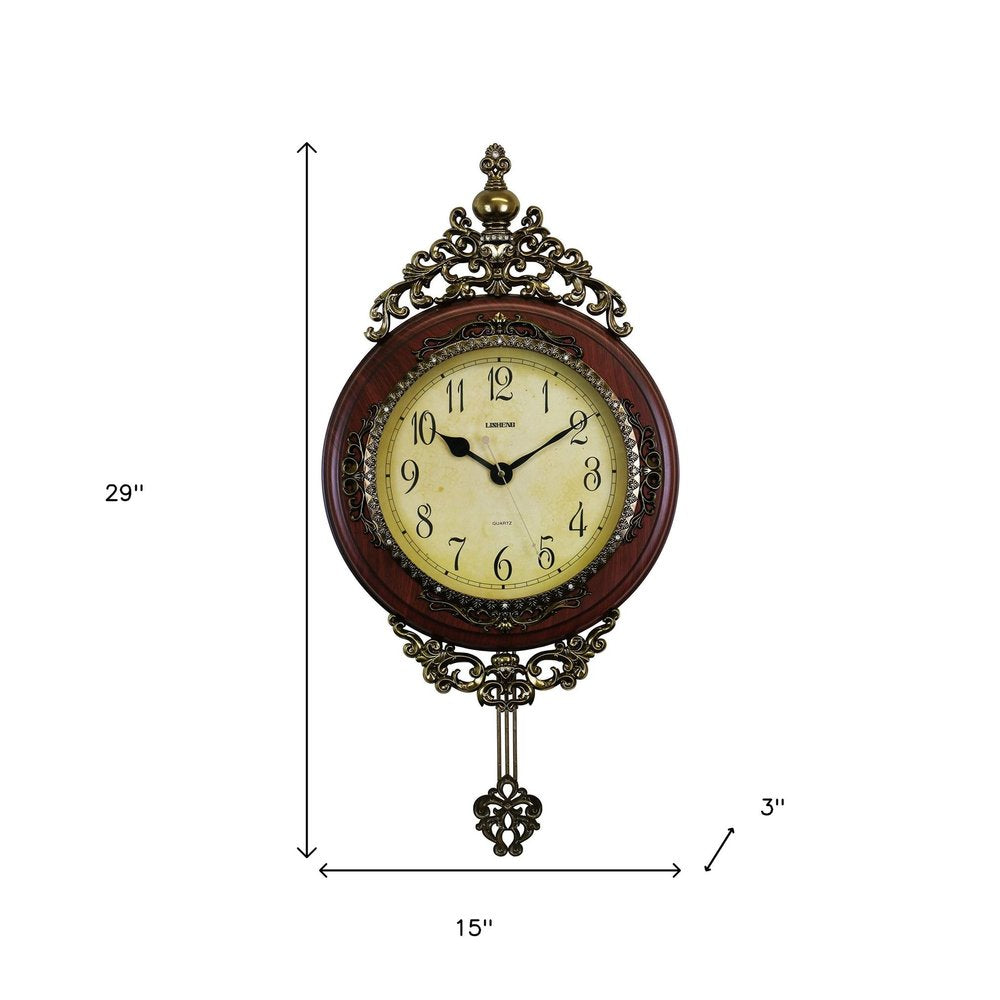 15" Brown And Gold Resin Silent Pendulum Ornate Oval Wall Clock